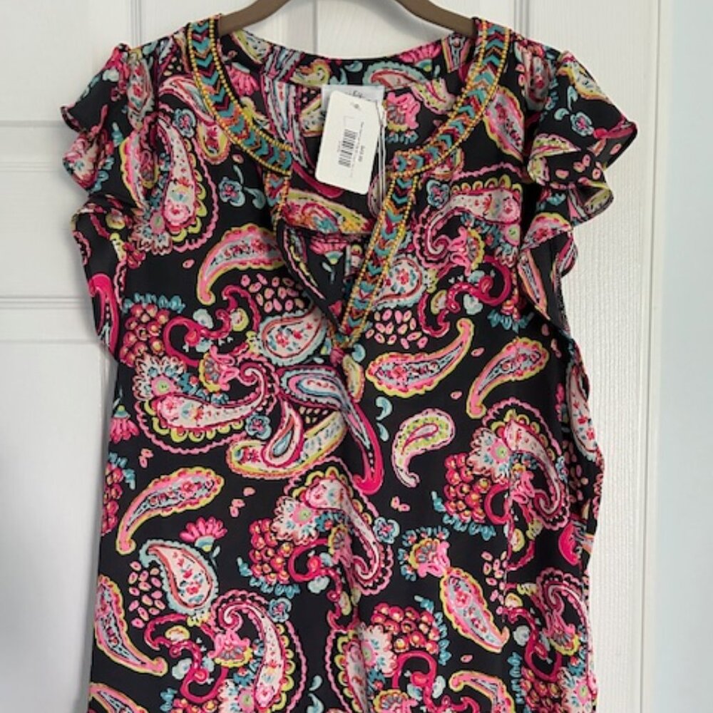 Emily Wonder Paisley Top Sz L Pink Black Blue Yellow Ruffle Sleeves Boho NWT